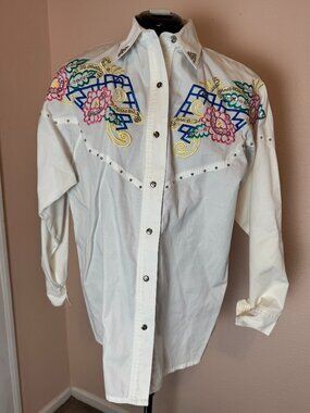Vintage Unique Western Embroidered 100% Cotton Shirt Oversized Small